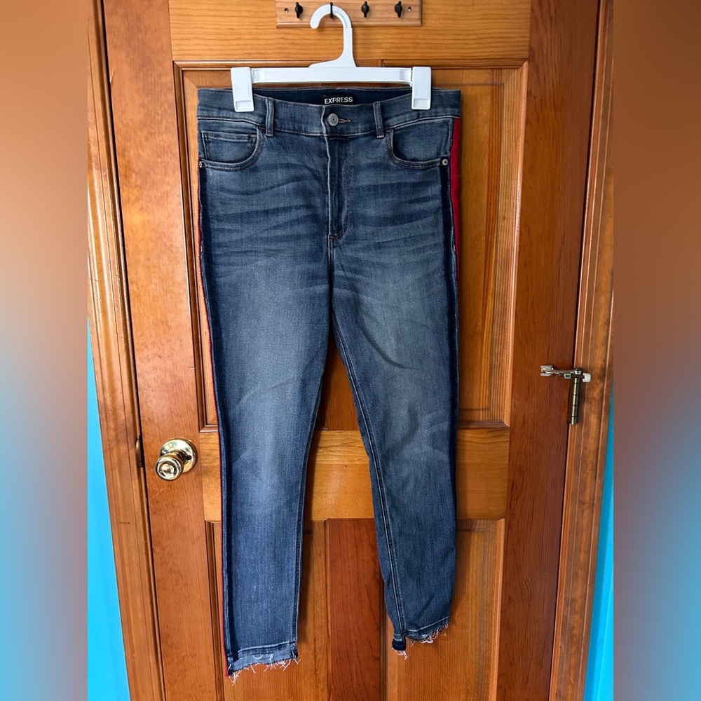 Size 10 - Express High-Rise Ankle Legging with Red and Navy Blue Side Detail